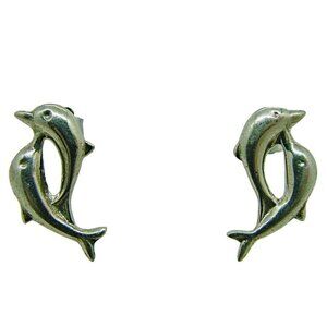 Sterling Silver 925 Dolphin Stud Earrings Small Kids Women Lightweight Pierced
